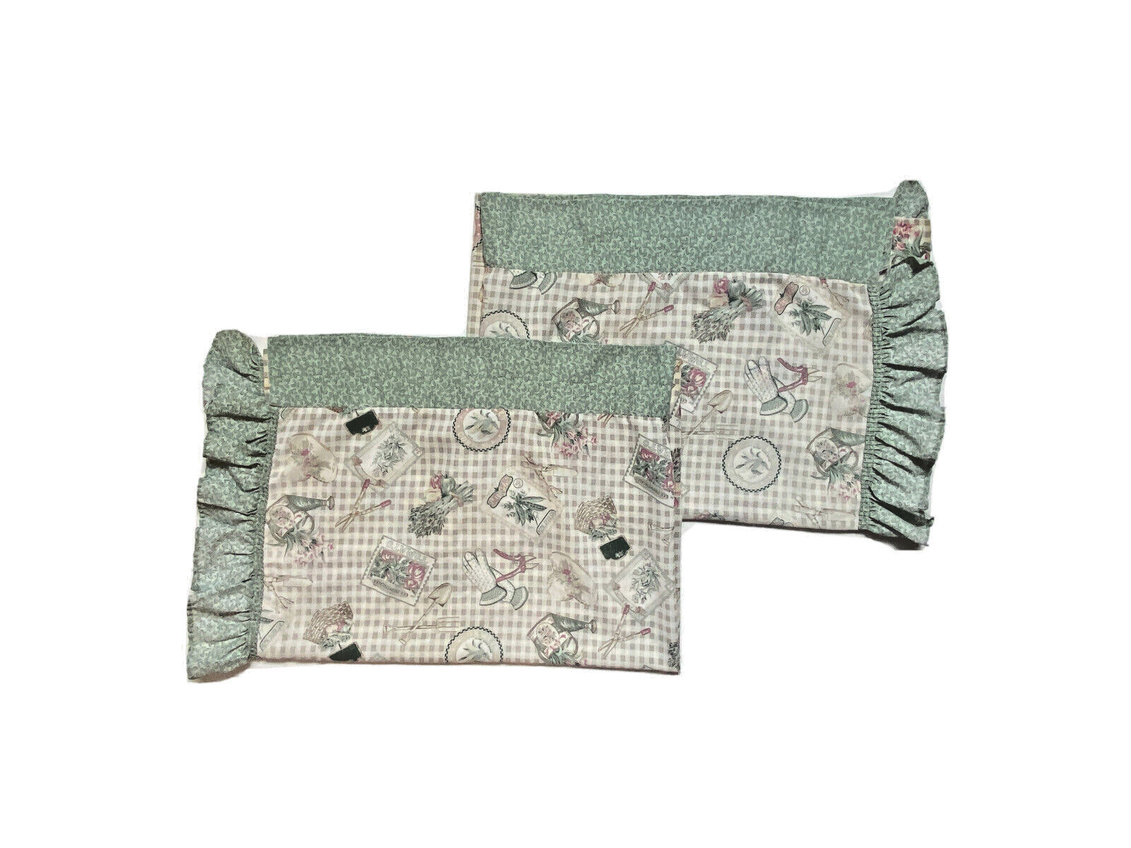 Pair Vintage Curtains Gardening Panels Drapes Ruffle Border Plants Green 2 Retro