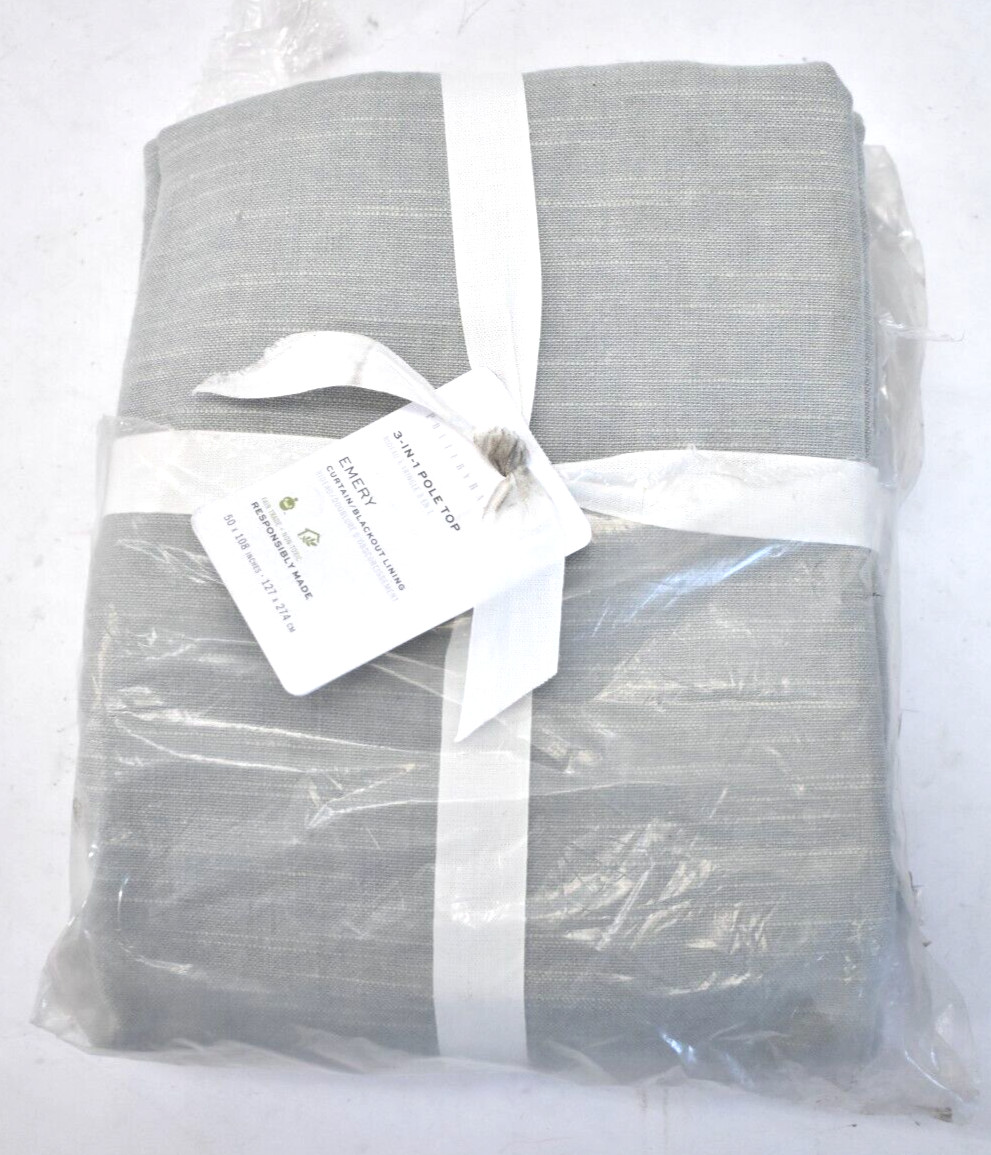 Pottery Barn 3 In 1 Pole Top Emery Curtain Blackout Lining Mineral Blue 50″x108″