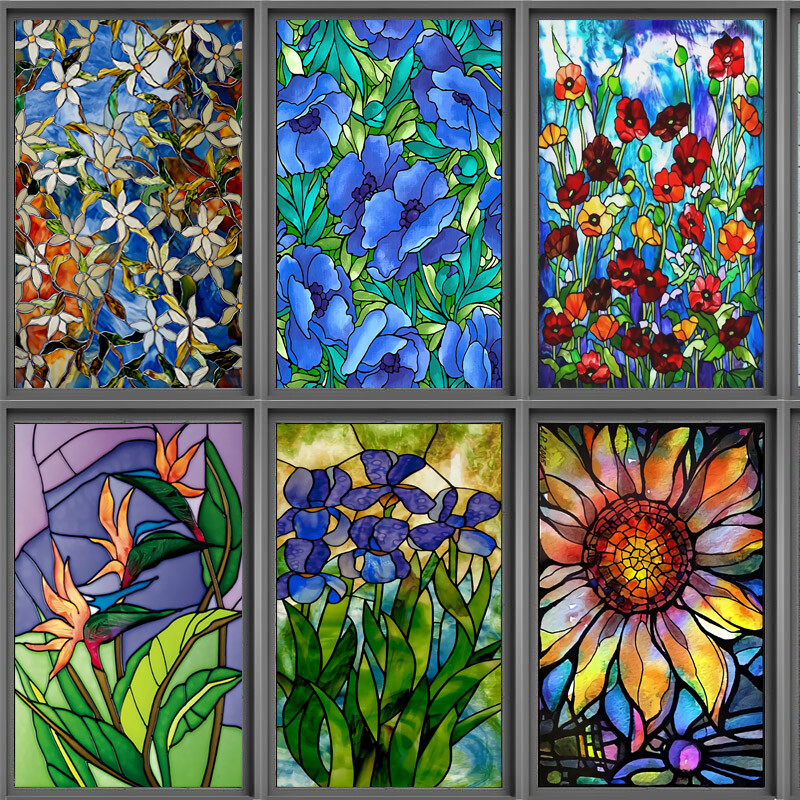 Stained Flower Magnolia Stickers Windows Film Static Sliding Door Decor