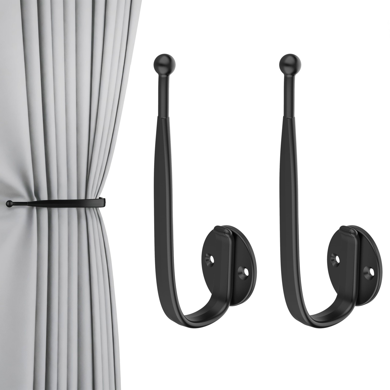 2pcs Curtain Holdbacks Black， Curtain Holders for Wall Mounted Curtain Pull B…