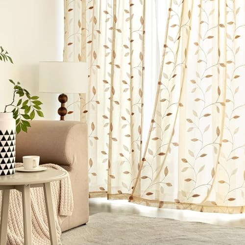 Sheer Curtains 2 Panels Embroidered Leaf 30″W x 36″L (Pack of 2) Beige
