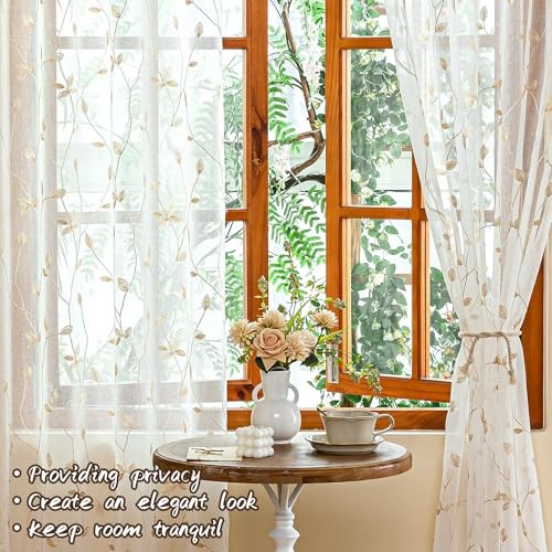 2 Panels Embroidered Leaf Pattern Semi 53″W x 84″L (Pack of 2) White Beige