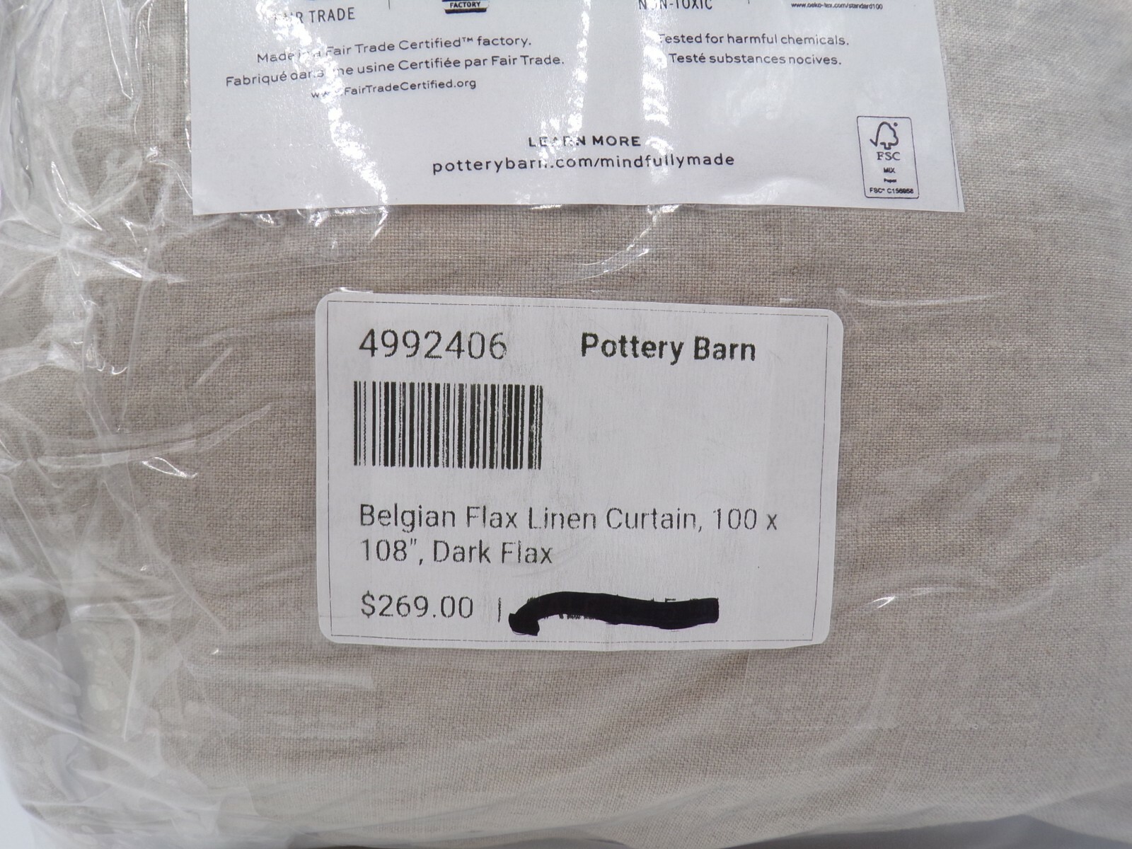 Pottery Barn Belgian Flax Cotton Lined Curtain Drape 100 x 108″ Dark Flax #9861H