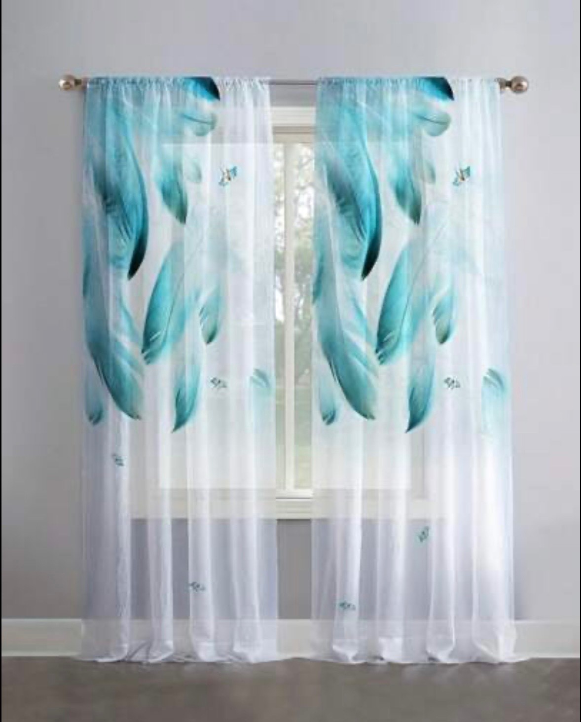 Blue Feather, and Butterfly (2 Pc.) sheer/ curtains 95″x 54″