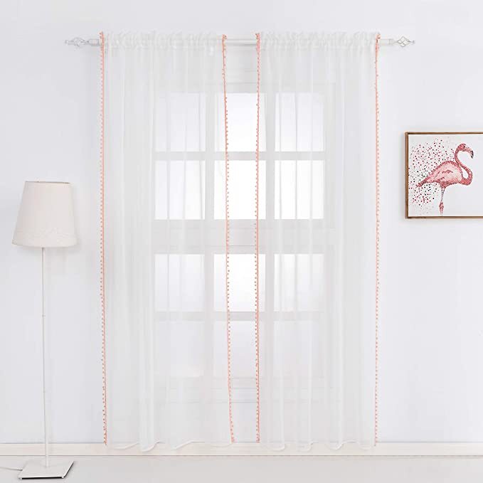 Set 2 Sheer White Pink Pom Pom Trim Curtains Panels Drapes 63 72 84 95 108 in L