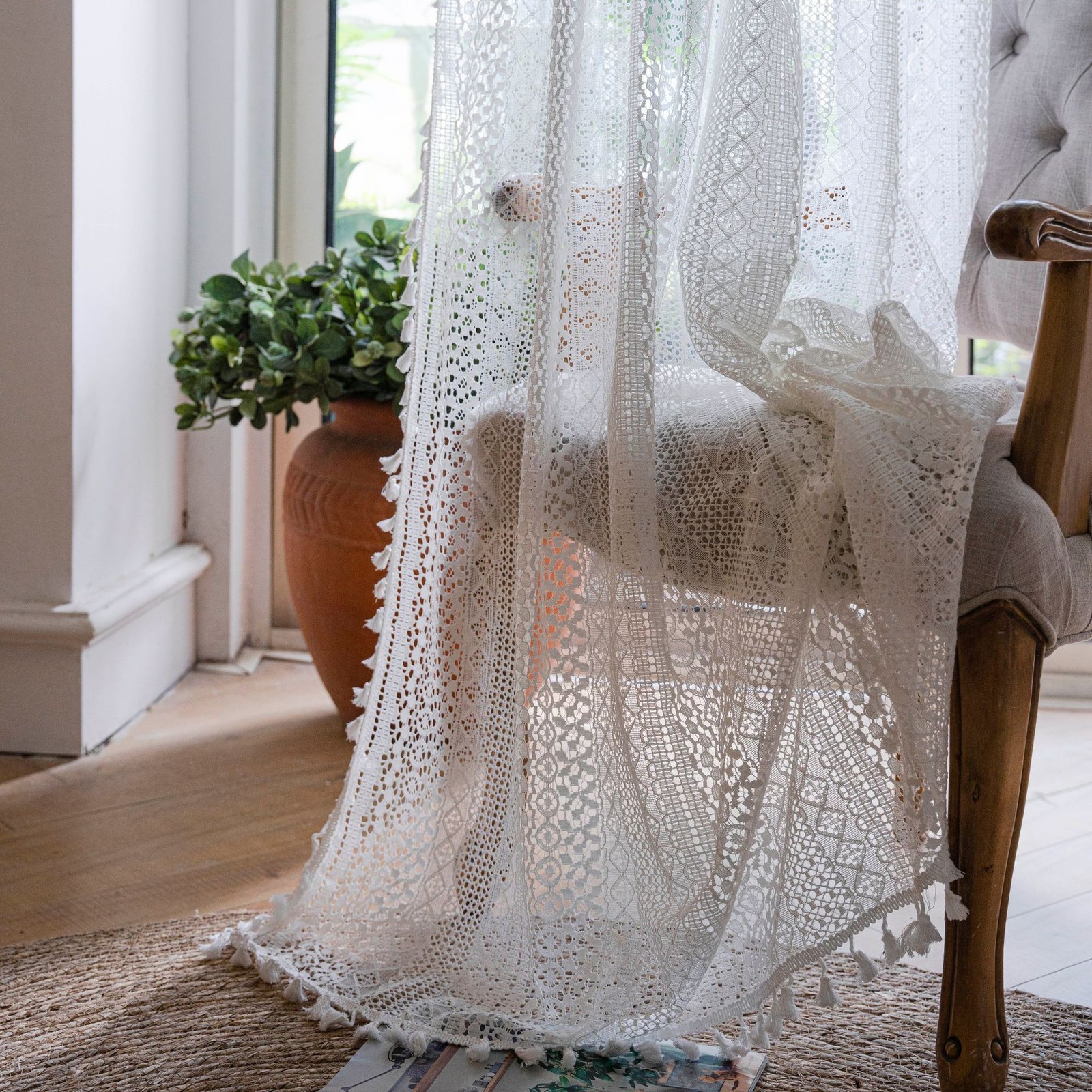 Hobo Crocheted Curtains Vintage Bless Lace Drapes Tassel Macrame Curtains Decor