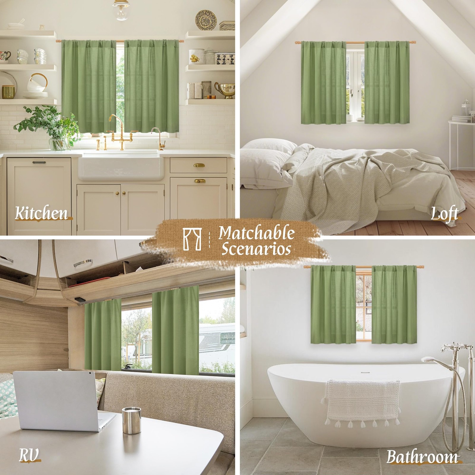 36 Inch Length Linen Curtains for Cafe, Light Filtering Linen Textured Panels…