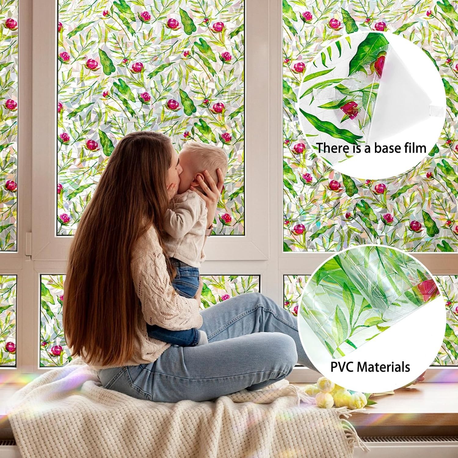 Rainbow Effect Floral Window Privacy Film – Easy Static Cling, 17.5” x 78.7”