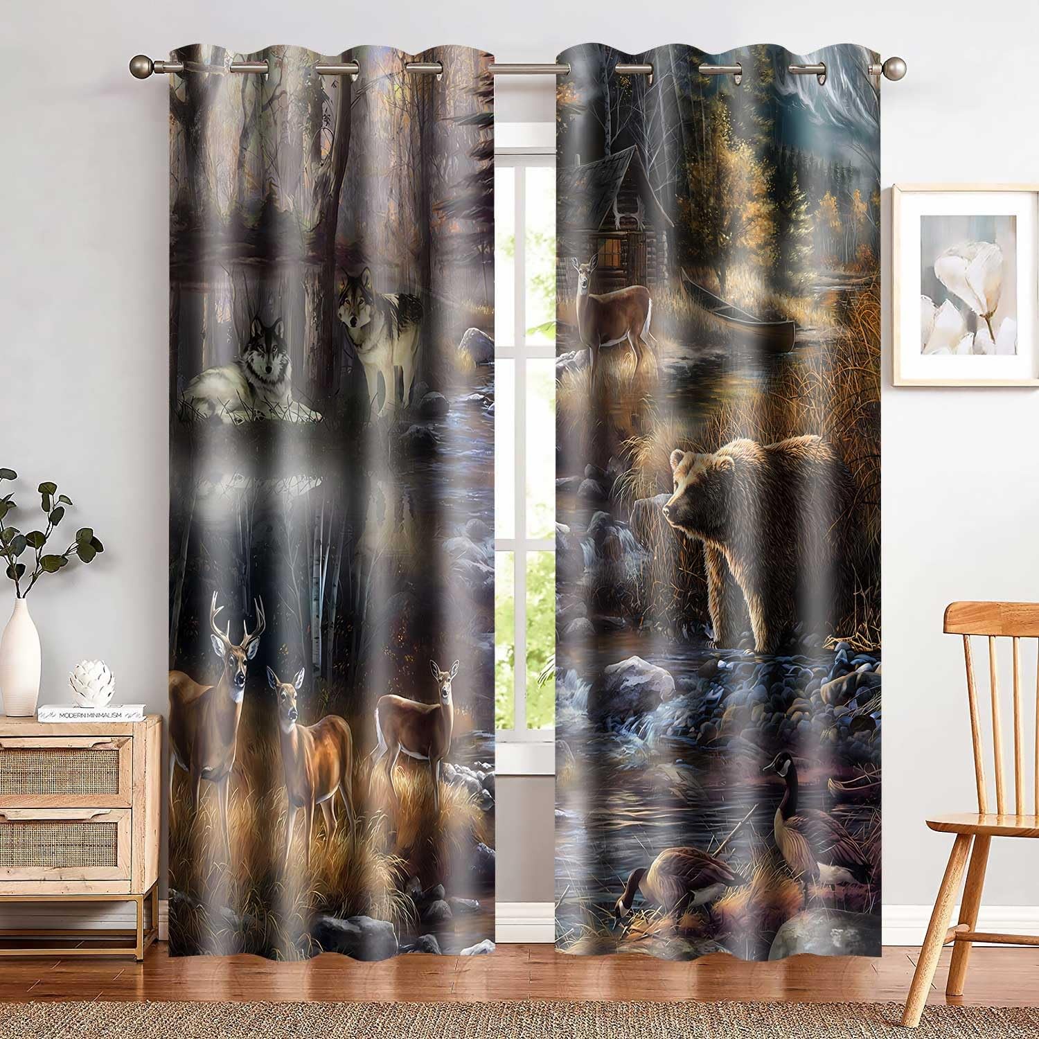 Rustic Lodge Curtains Wildlife Wolf Bear Elk Duck Country Style Blackout Curt…