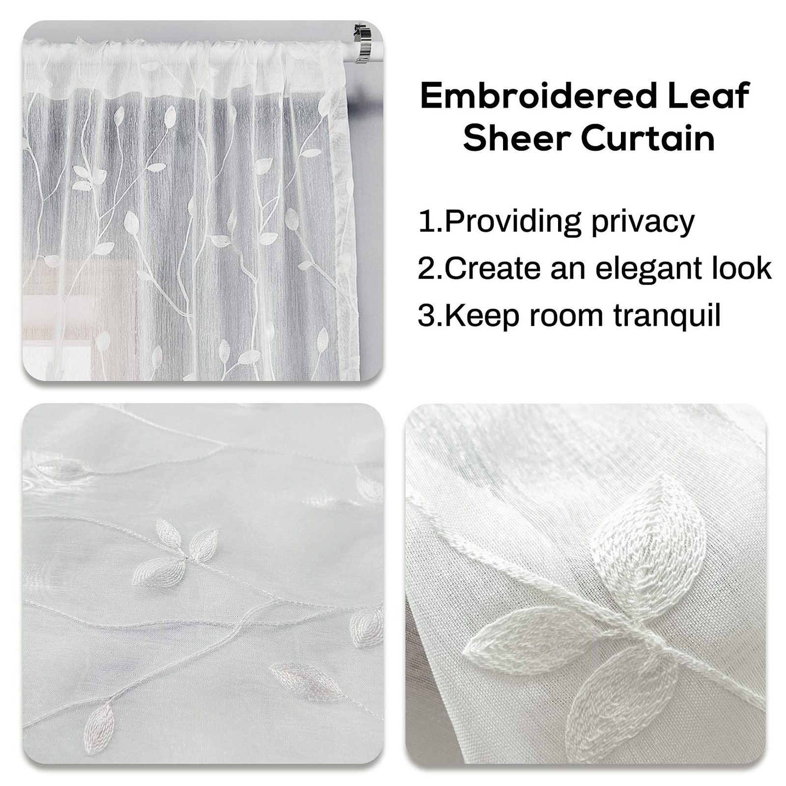 2 Panels Embroidered Leaf Pattern Semi Sheer Curtains Foliage Floral Voile Wi…
