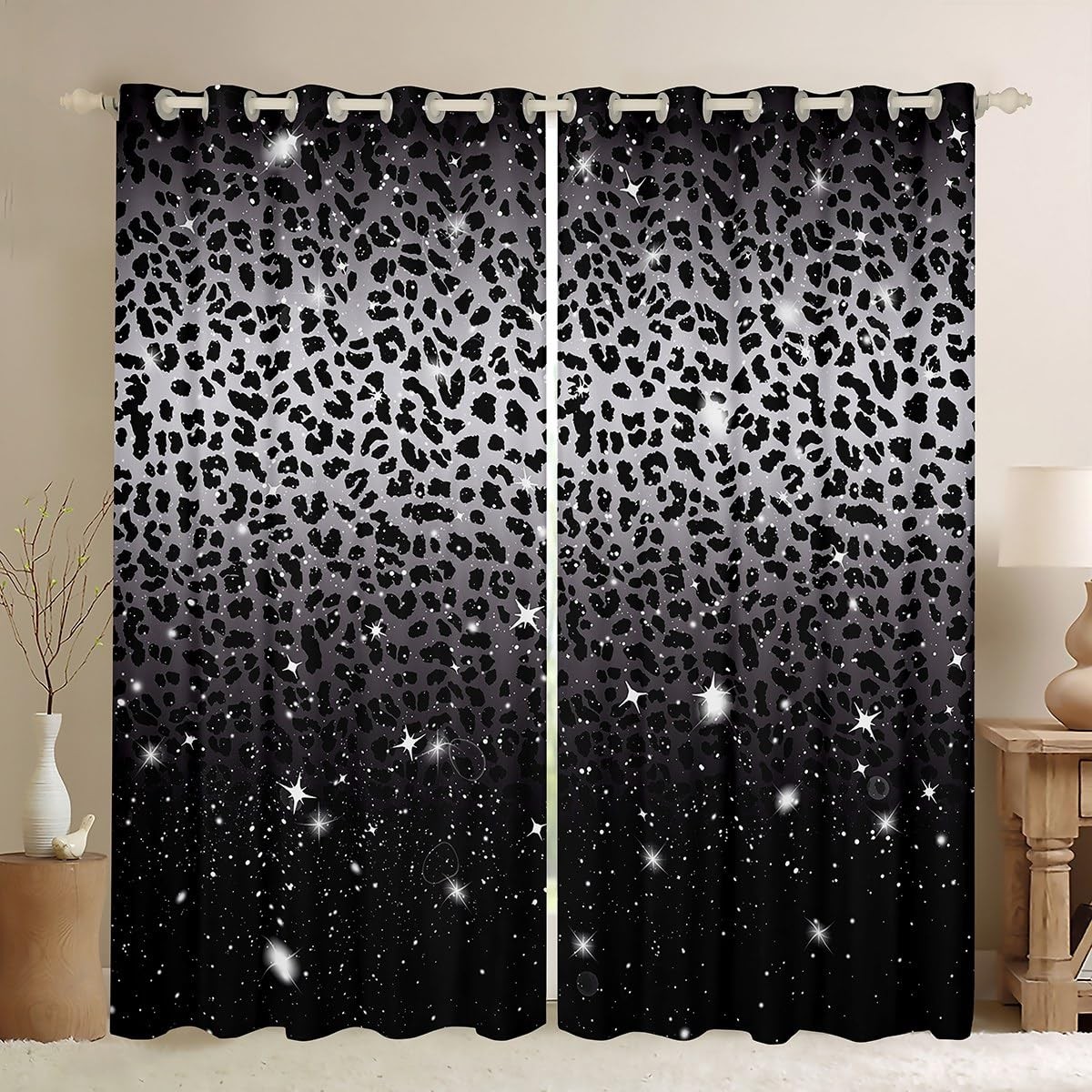 Leopard Print Blackout Curtains,Black Grey Cheetah Skin African Big Cat Windo…