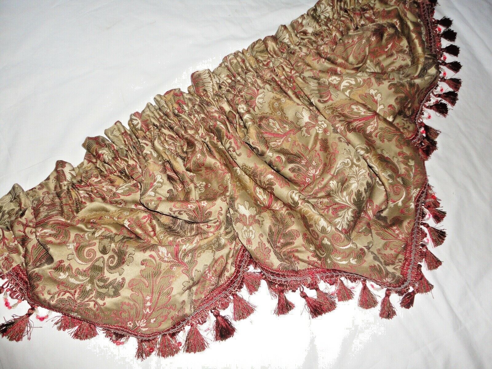CHRIS MADDEN RED TAN GREEN JACQUARD PAISLEY SWAG (1) VALANCE 90X32 BEAD FRINGES