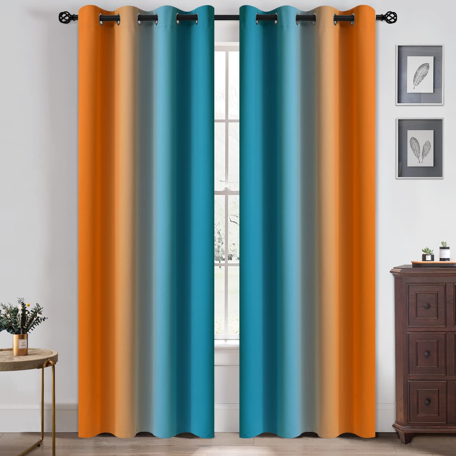 Ombre Orange and Blue Curtains for Bedroom, Gradient Room Darkening Curtains,…