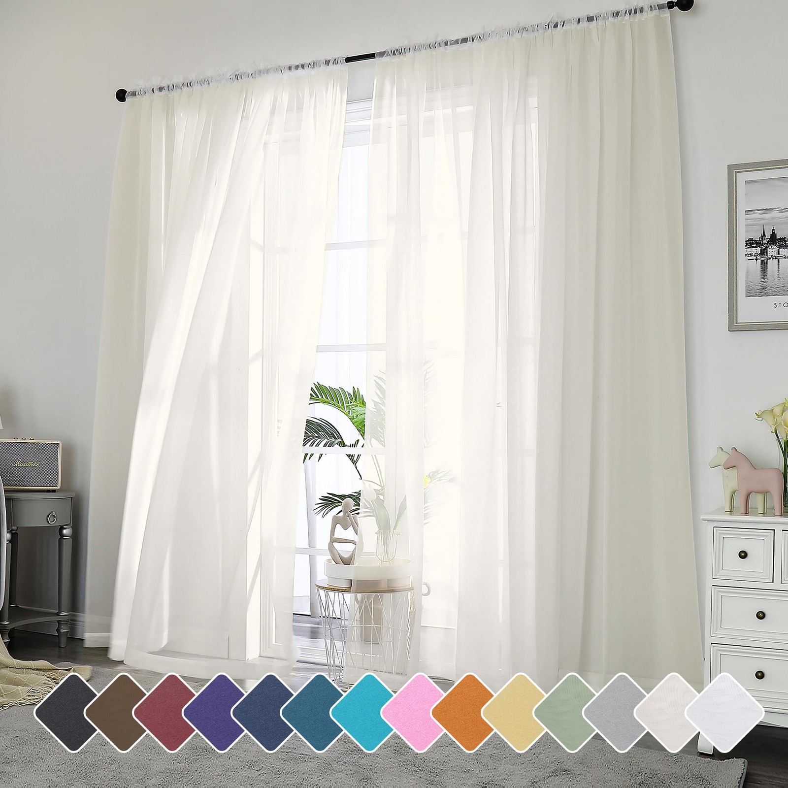 Ivory Sheer Curtains 96 Inch Length 2 Panels Set, Elegant Light Filtering Voi…
