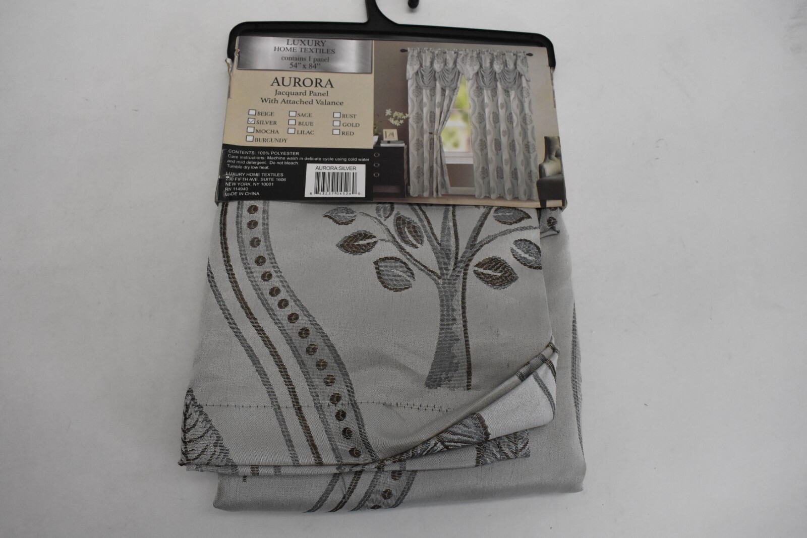 Aurora Tree Leaf Jacquard Window Panel With Attached Valance Silver 54″ x 84″