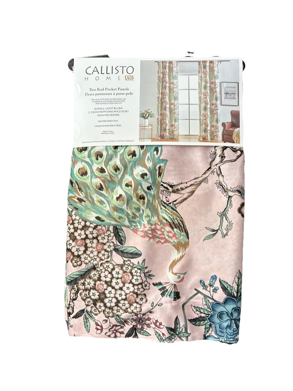New Callisto Home Two Rod Pocket Panels 2 x 38″ x 84″ Peacock Birds Curtains