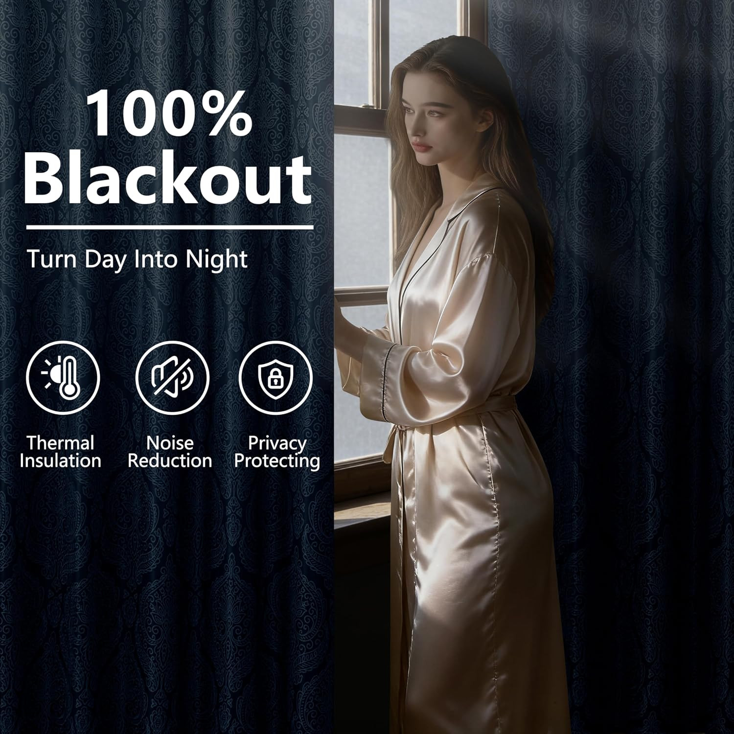 Navy Blue 100% Blackout Curtains 96″ Ombre Thermal Insulated Grommet Drapes