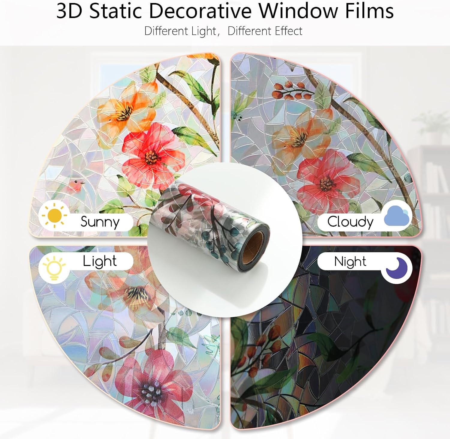 Window Privacy Film with Static Cling & 3D Rainbow Effect, Floral