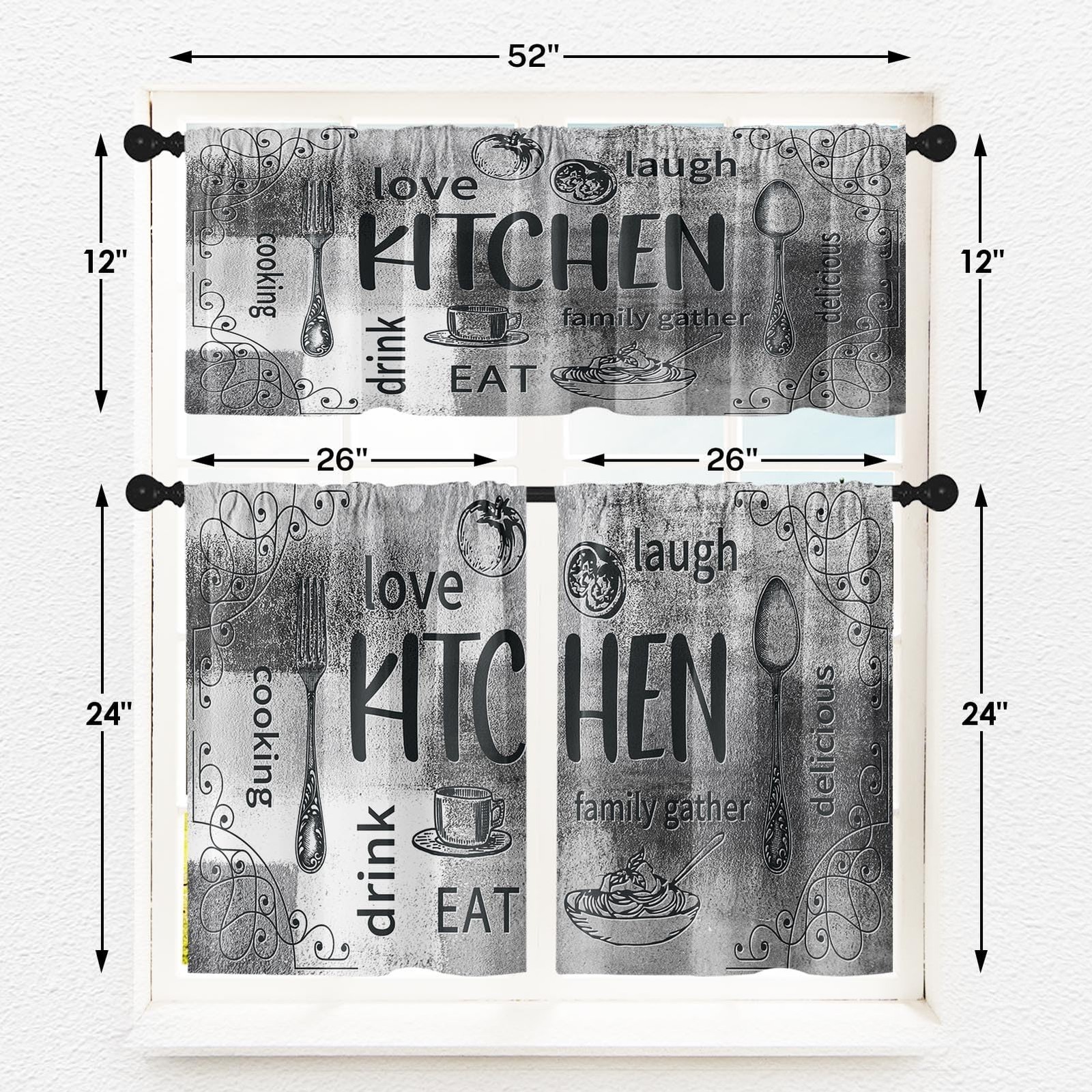 Farmhouse Chef Kitchen Window Curtains Valance and Tier Set, Modern Doodle Ab…