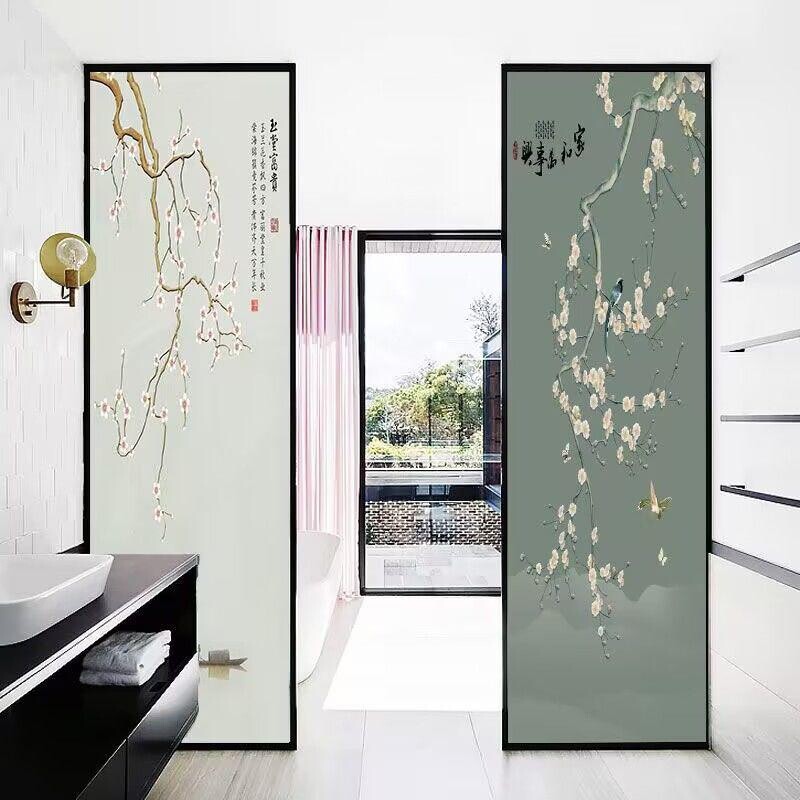 Frosted Stained Privacy Window Films Static Glass Sticker Flower Bird Pattern