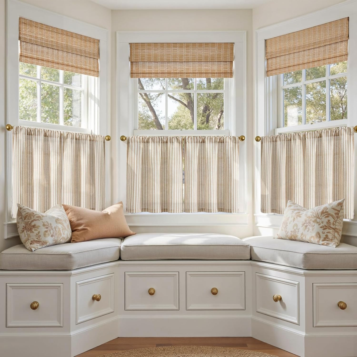 Jinchan Striped Linen Kitchen Curtains 20 Inches Length Tier Curtains Farmhouse