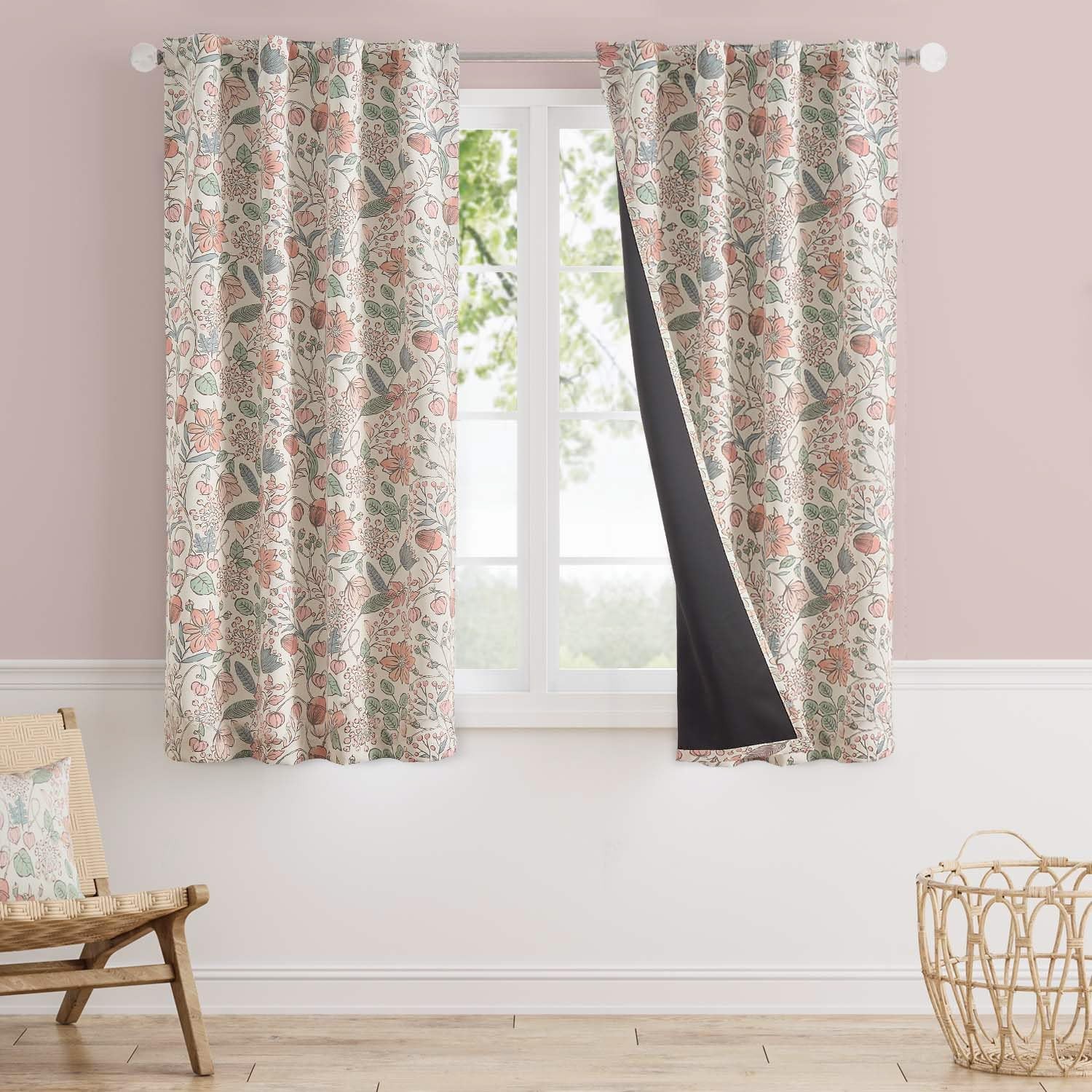 Pink Nursery Curtains for Girls Room Floral Blackout Dorm Curtains