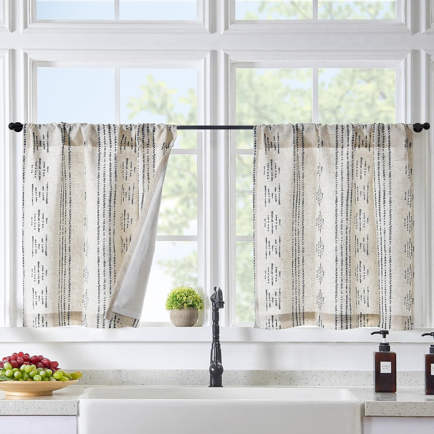 Boho Linen Kitchen Curtains 45 Inch Bohemian Geometric Striped Small Window Curt
