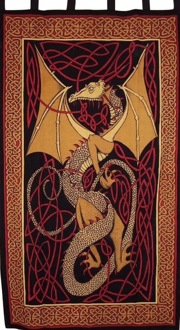 Celtic Dragon Tab Top Curtain Drape Panel Cotton 44″ x 88″ Red