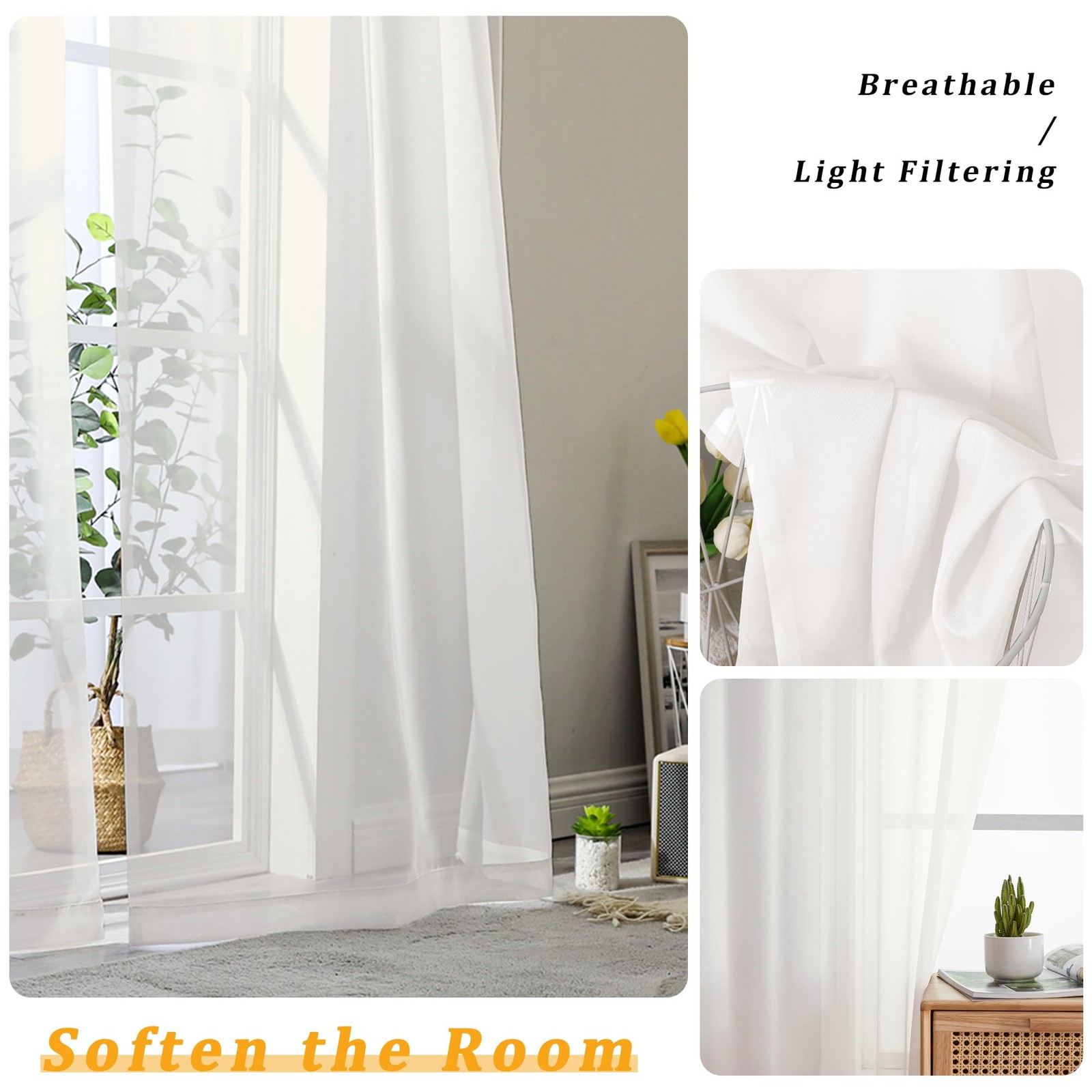 Gwine Sheer Ivory Curtains 96 Inches Long 2 Panels Set, Light Filtering Voile…