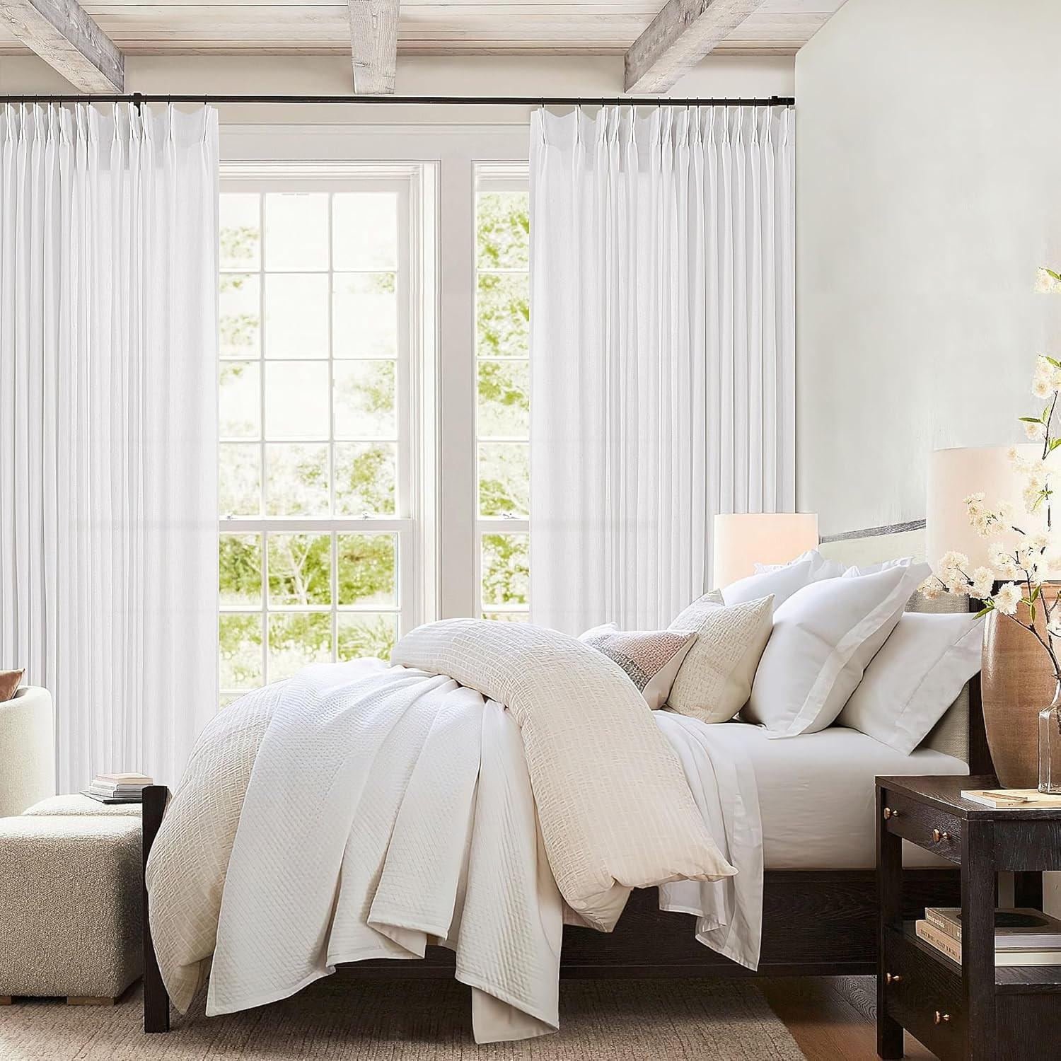 Extra Wide 96″ Pleated White Linen Curtains for Patio Sliding Door