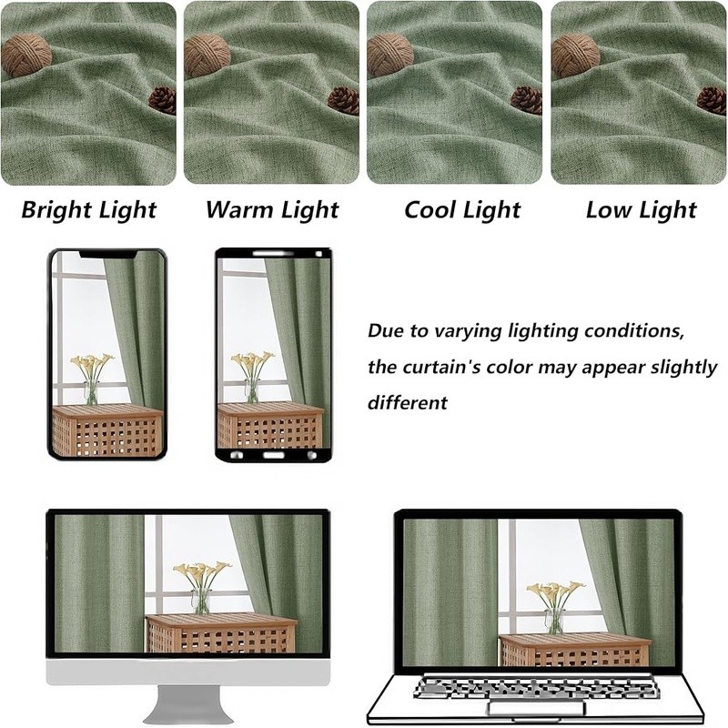 Light Filtering Faux Linen Window Curtains 2 Panels Green Machine Washable New