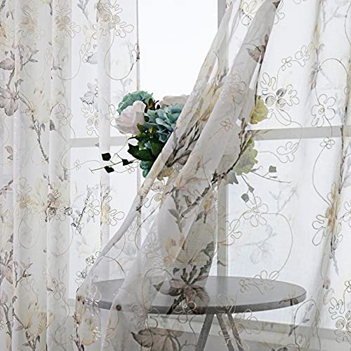 Tollpiz Floral Sheer Tier Curtain Flower Print 30″W x 36″L (Pack of 2) White