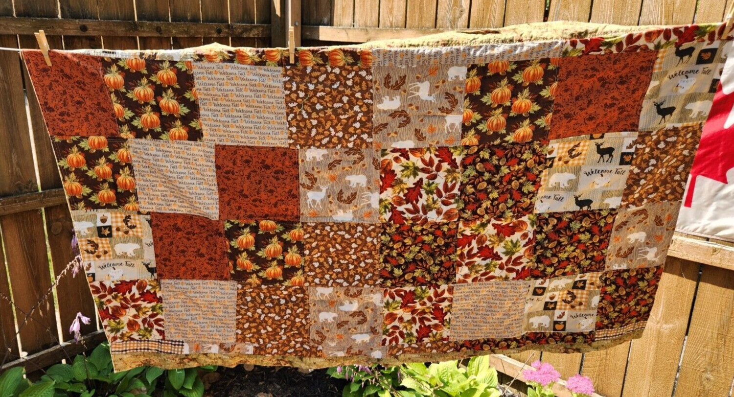 Vintage Handmade Patchwork Welcome Fall Brown Orange Curtain Fabric 38″ x 62″