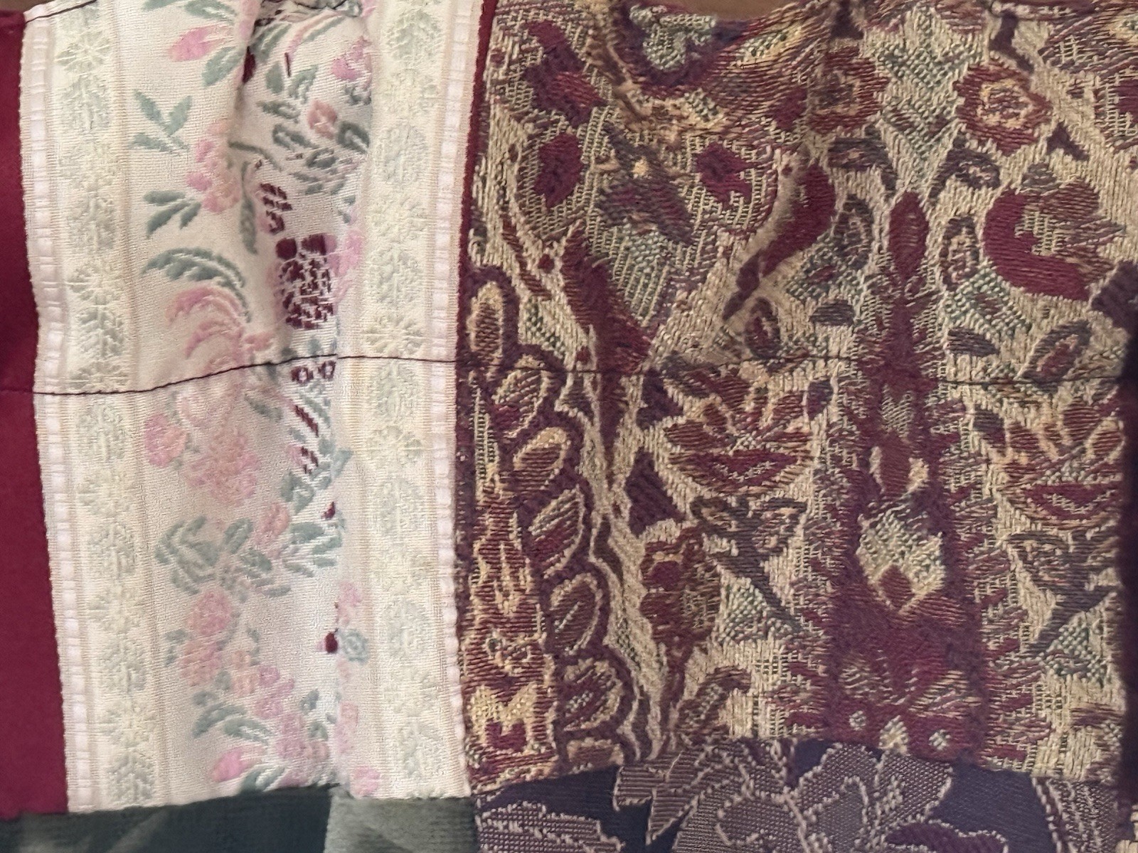 2 Scallop Patchwork Valances Burgundy Green Gold Velvet Tapestry Jarquard 54X18