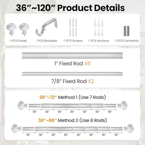 Sliver Curtain Rod for Windows 66 to 120 Inches(5.5-10ft): 1 36-120″ Silver