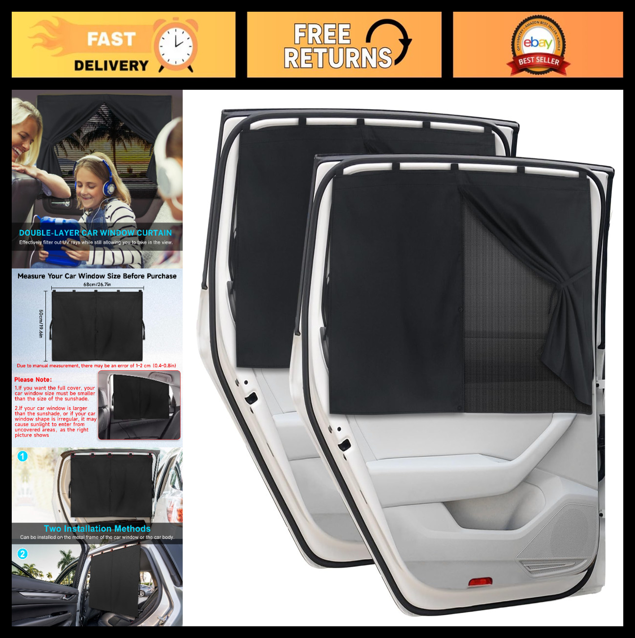 Magnetic Car Window Shades – 2 PCS Double Layer Sun Shade for Side Windows, Baby
