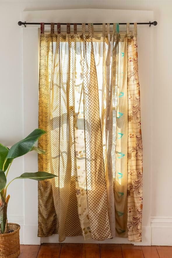 1Pc Indian Sari Patchwork Curtain Drape Window Decor Beige Silk Sari Curtain