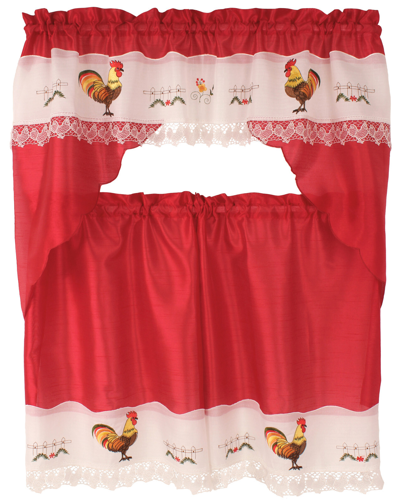 Rooster Macrame Embroidery Design Kitchen Curtain with Swag and Tier Set 36 inch