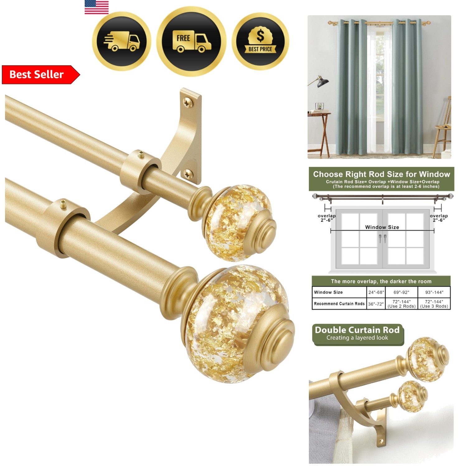 Curtain Rods Double Telescoping Heavy Duty 36-72 Inches Warm Gold Decoration