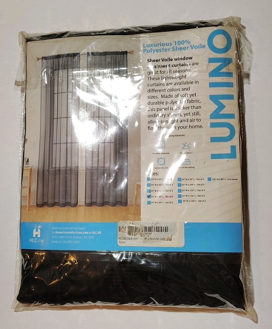 New Lumino by Hlc. Luxurious Sheer Voile Curtain Panels 54 W X 84 L Set Black