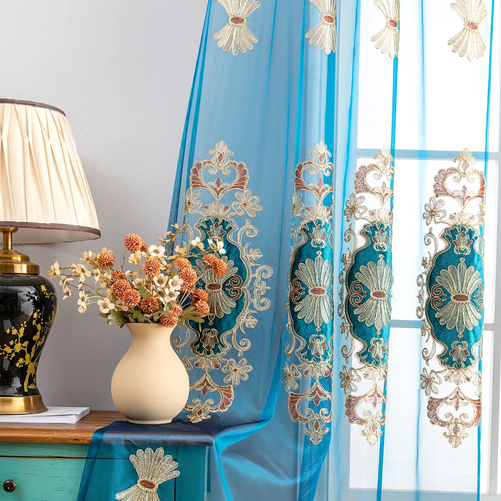 Classical Embroidered Sheer Curtain for Living Room Luxury European Style Pea…