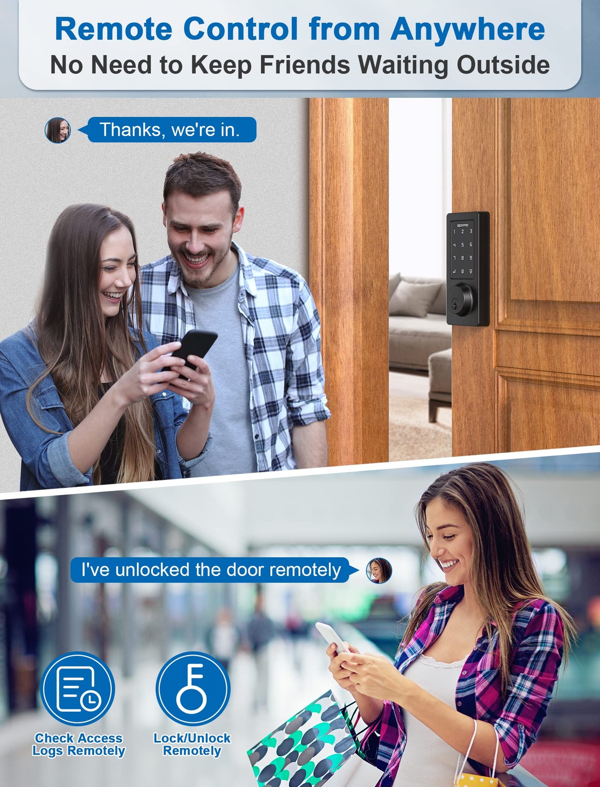 Geonfino Wifi Bluetooth Smart Lock Keyless Entry Touchscreen Keypad Auto Lock