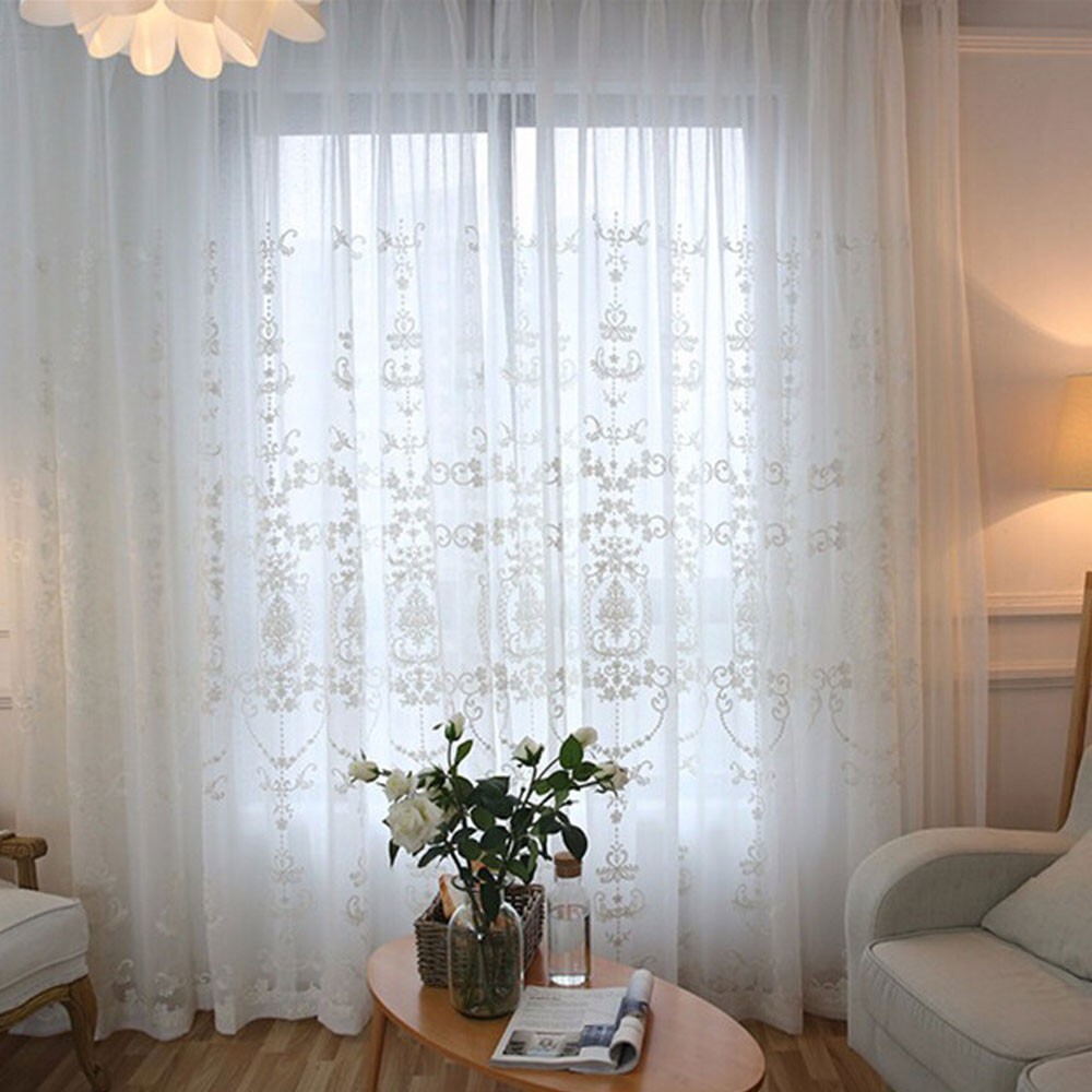 White Embroidery Floral Sheer Curtains Voile Drapes Panels Grommet Top Bedroom