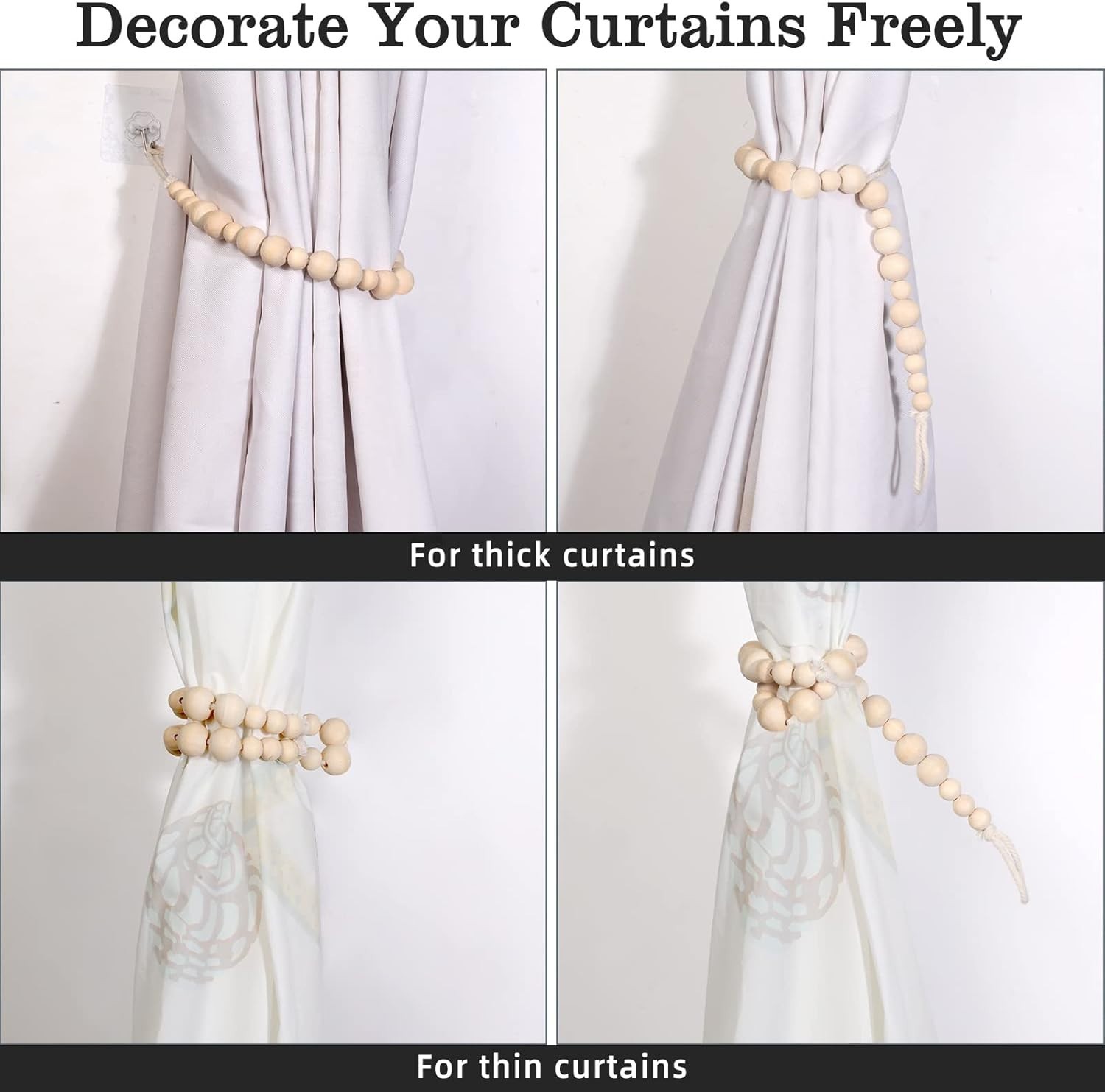 Hion 2 Pcs Boho Curtain Tiebacks,Wood Beads Curtain 19.69″L x 0.79″