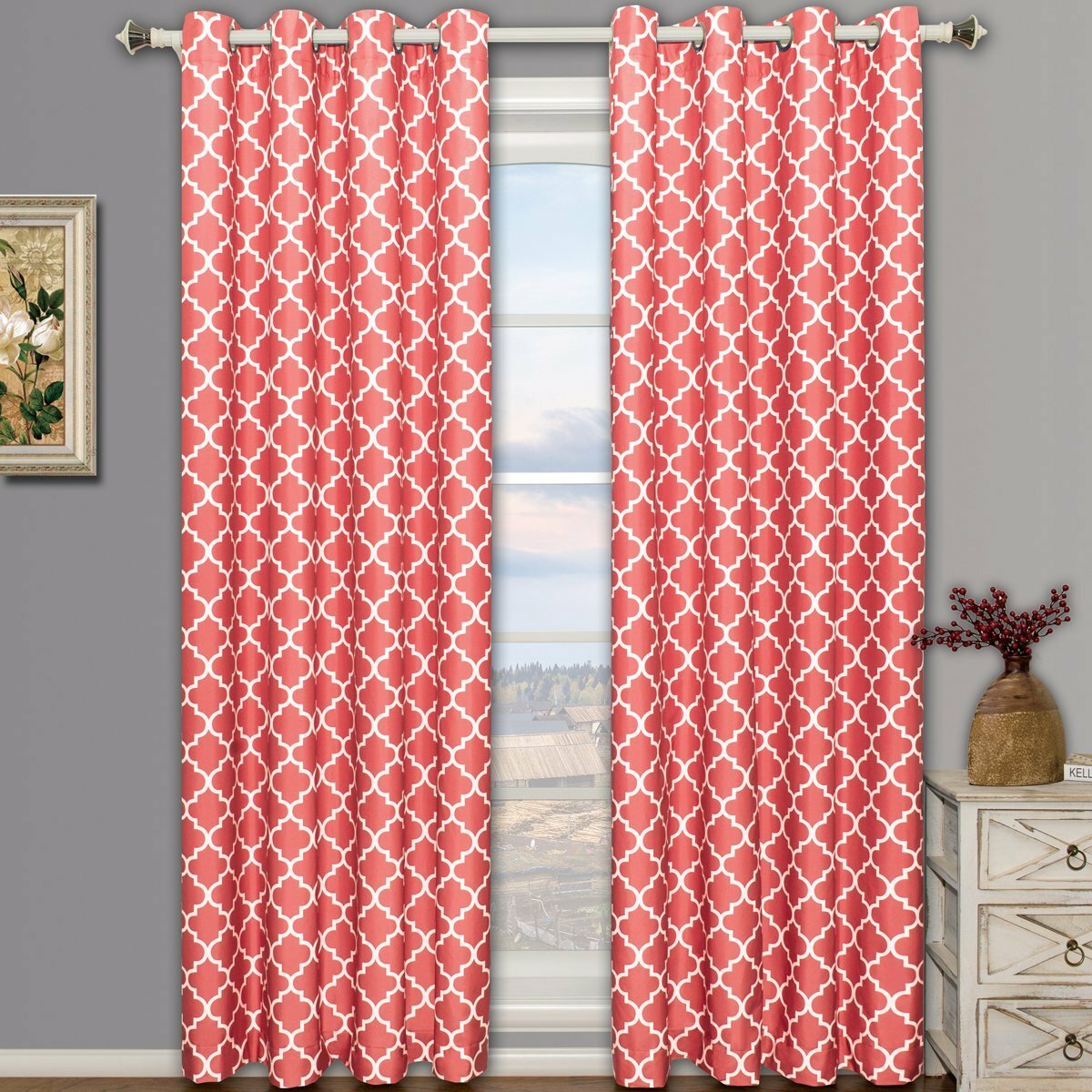 Set 2 Coral White Geo Lattice Curtains Panels Drapes 63 84 96 108 inch Darkening
