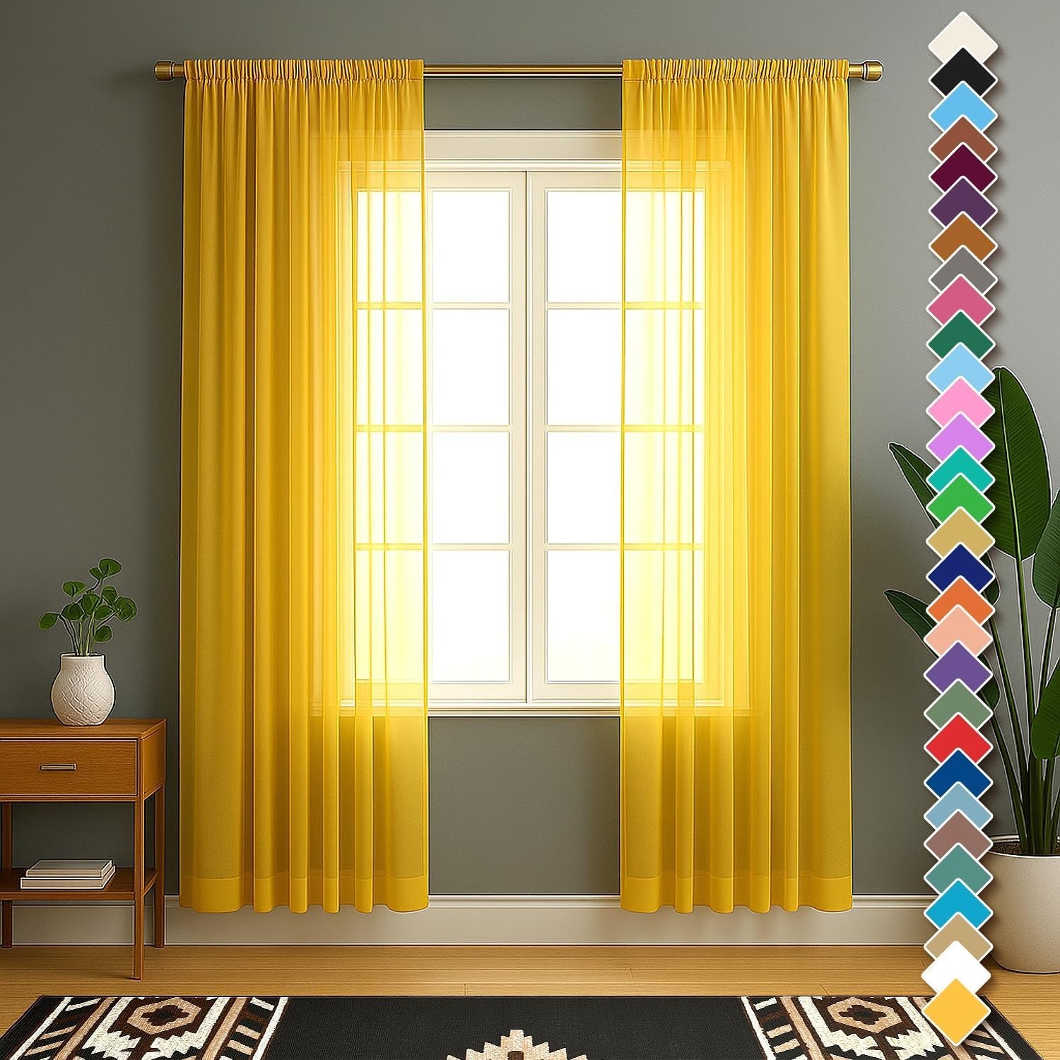 YHSF Sheer Curtain Window Elegant Set of 2, 54″ W x 84″ L each panel, Yellow