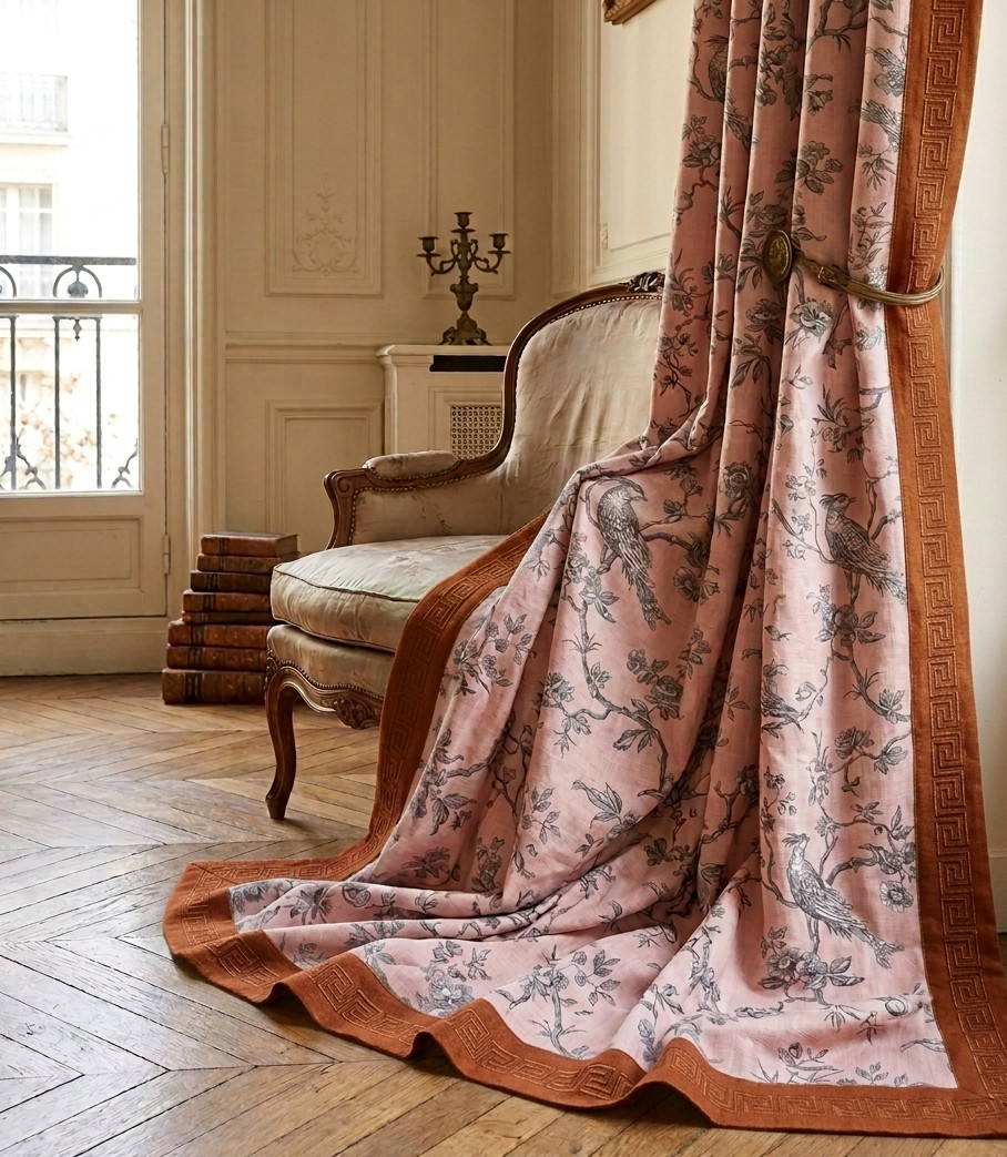 2 DRAPES French Messange Bird Toile on Pink Cotton Imported From France HTF