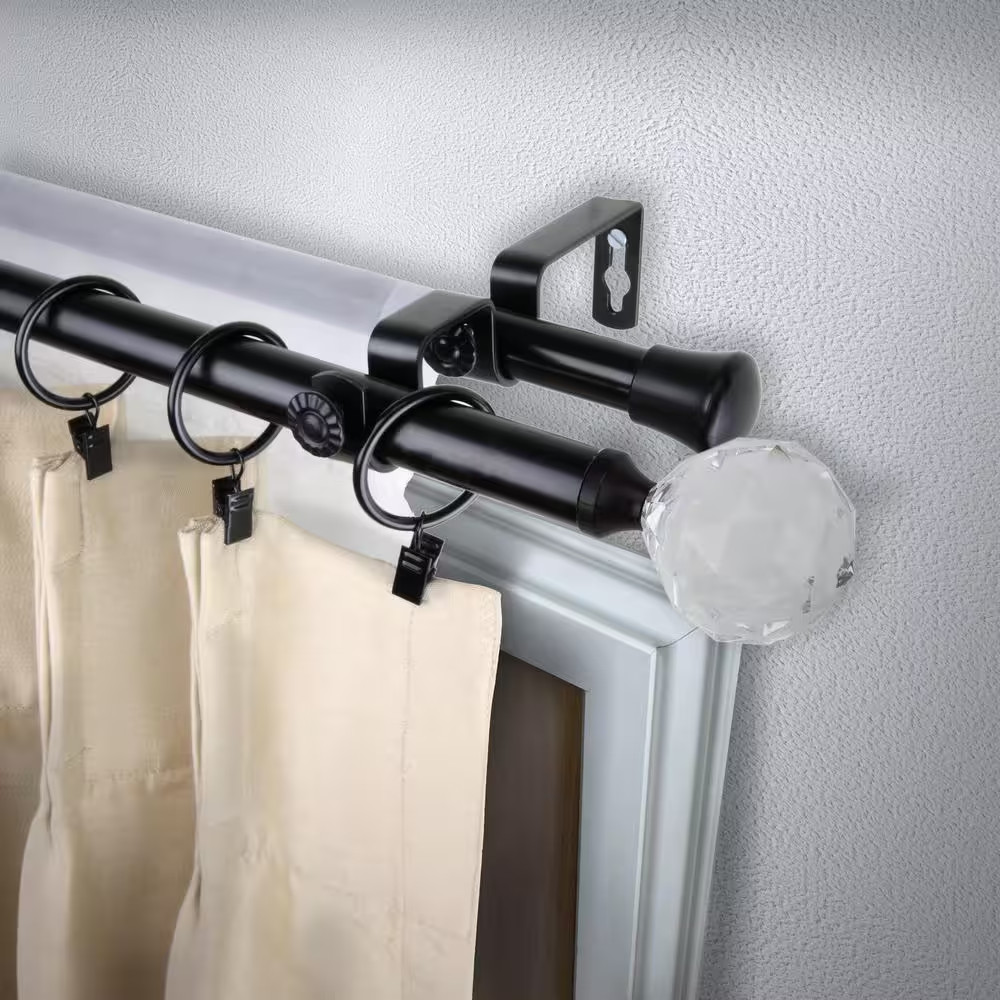 13/16″ Dia Adjustable 120″ to 170″ Double Corner Window Curtain Rod in Black wit