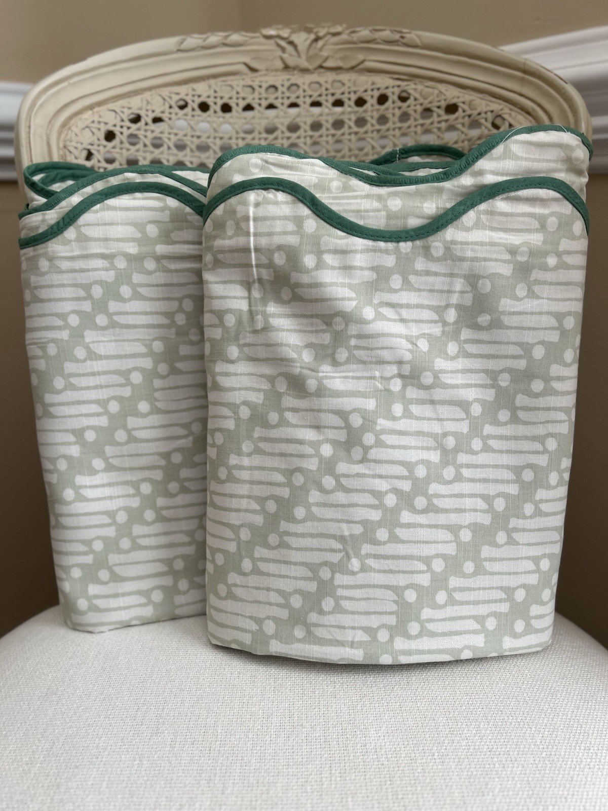 West Elm RHODE Batik Scallop Edge BLACKOUT Curtains (2) 48”x84” Fog Green NWOT