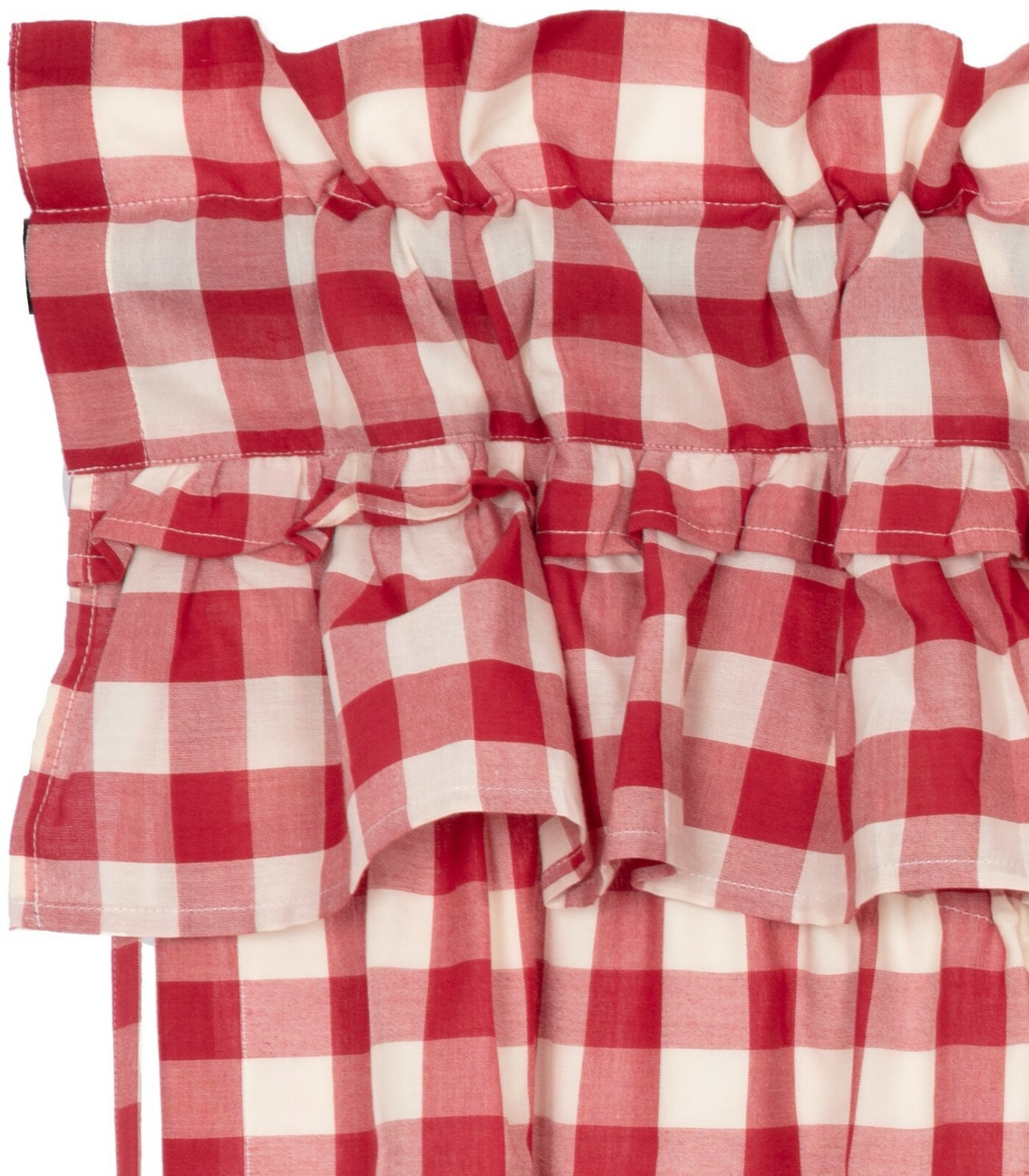 36”L Drawstring Ruffled Country Prairie Swag Set Red Annie Buffalo Check Cotton